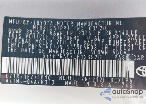 2020 Toyota Corolla Le из США, поврежденный, VIN 5YFEPRAEXLP126926